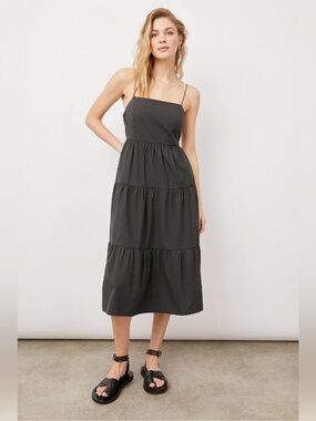 NWT RAILS Leni Dress S Black Cotton Poplin Tiered Midi Open Back Tie Back  LBD